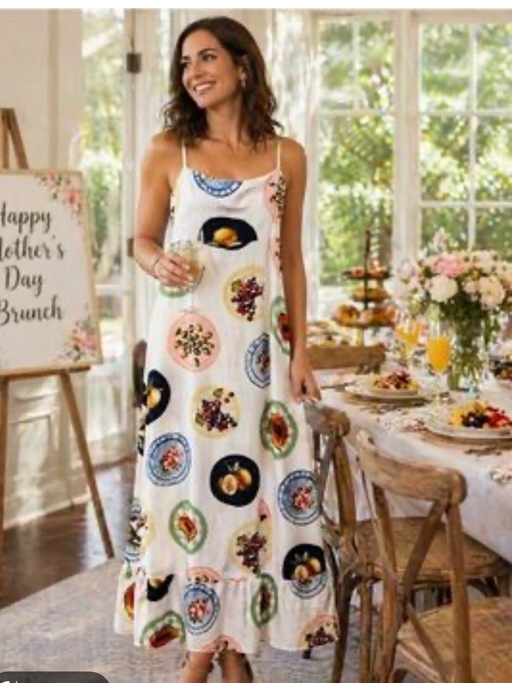 Anthropologie label of love White Maxi Slip Dress with Multicolor Fruit & Floral